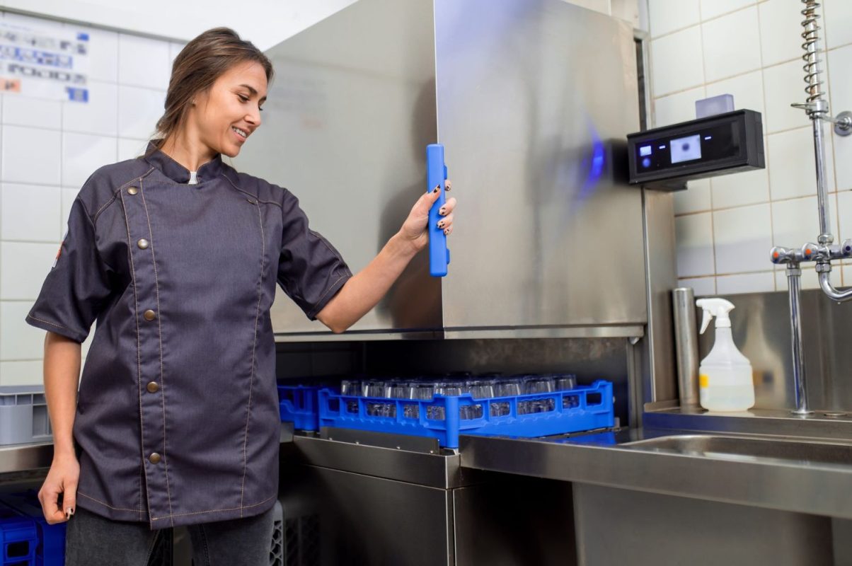 Professional dishwashing service in Singapore utilising high-capacity industrial equipment for school canteen sanitisation.