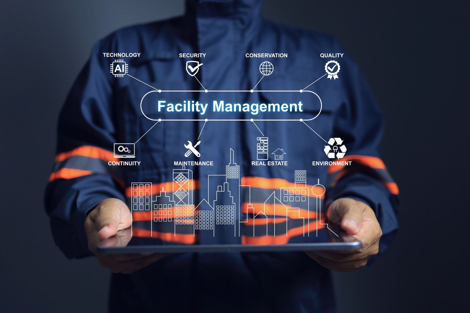 Integrated Facilities Management professional in Singapore using a digital tablet to manage maintenance, security, and environmental standards for institutions.